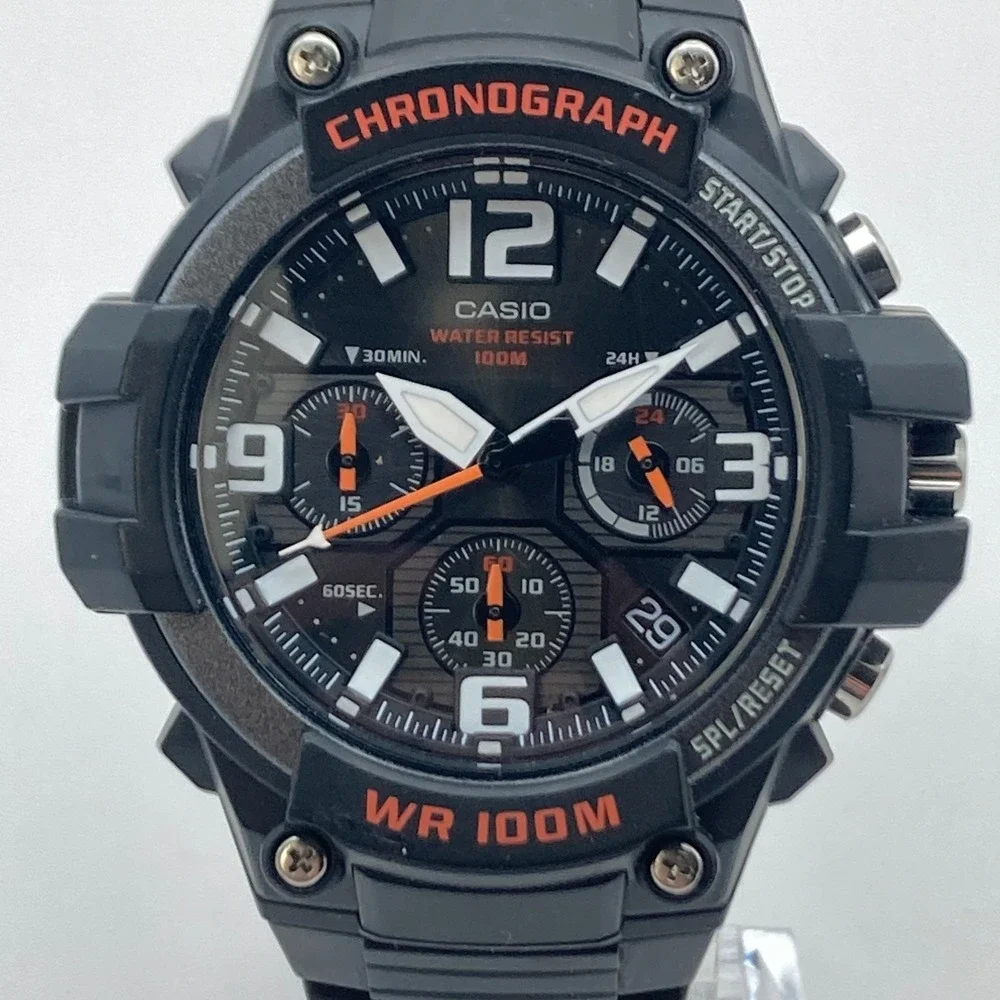 Casio Men's Chronograph Watch 5434 MCW-100H 50mm Black Orange 100M New Battery